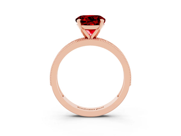 Rose gold Round Cut Ruby Milgrain Pavé Engagement Ring with Four-Prong Setting