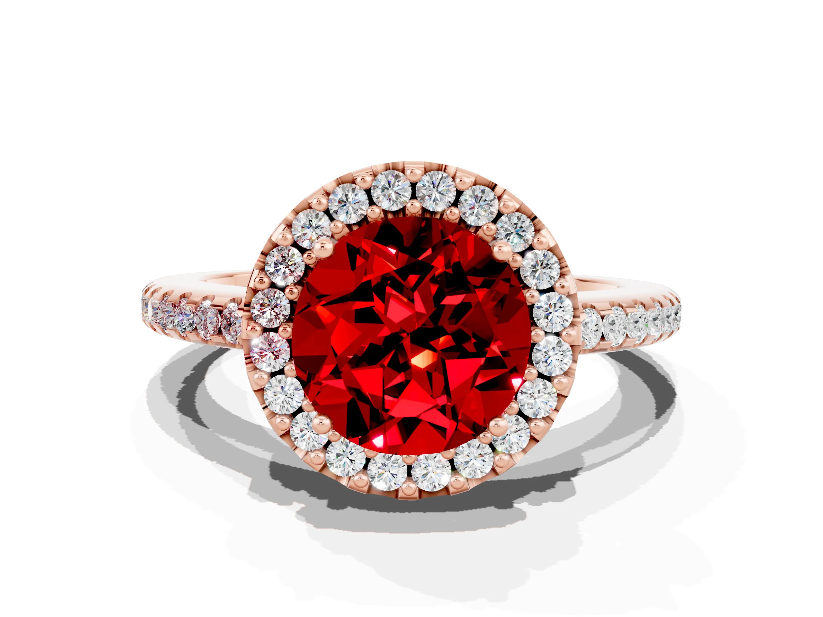 Rose gold Round Cut Ruby Pavé Halo Ring with Four-Prong Setting_12