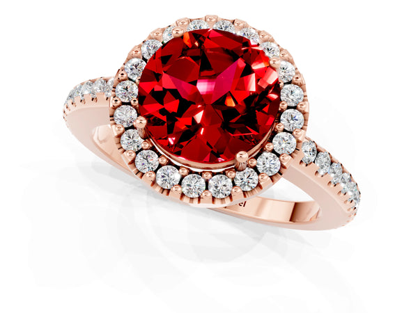 Rose gold Round Cut Ruby Pavé Halo Ring with Four-Prong Setting