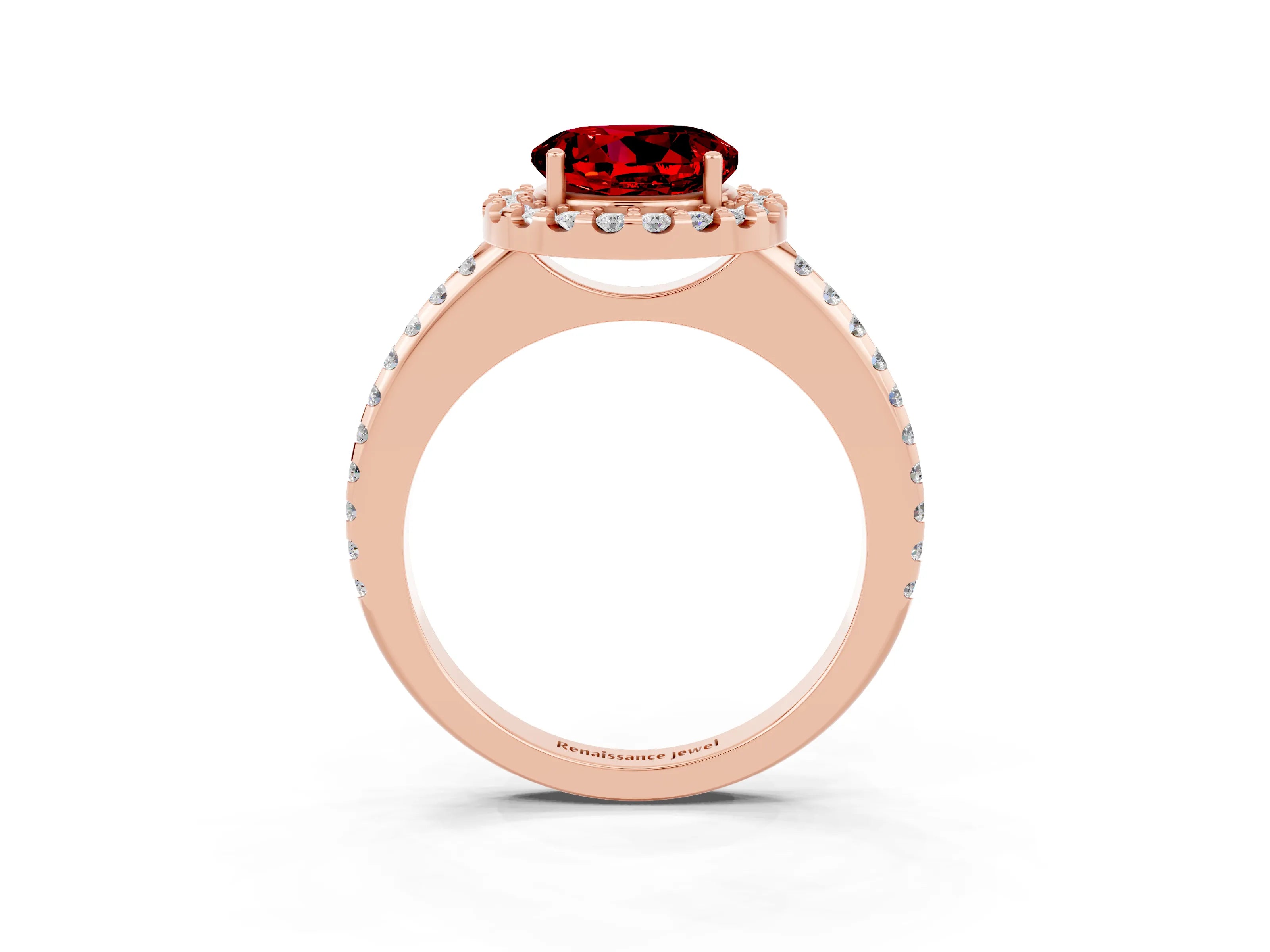 Rose gold Round Cut Ruby Pavé Halo Ring with Four-Prong Setting_15