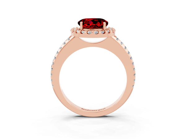 Rose gold Round Cut Ruby Pavé Halo Ring with Four-Prong Setting