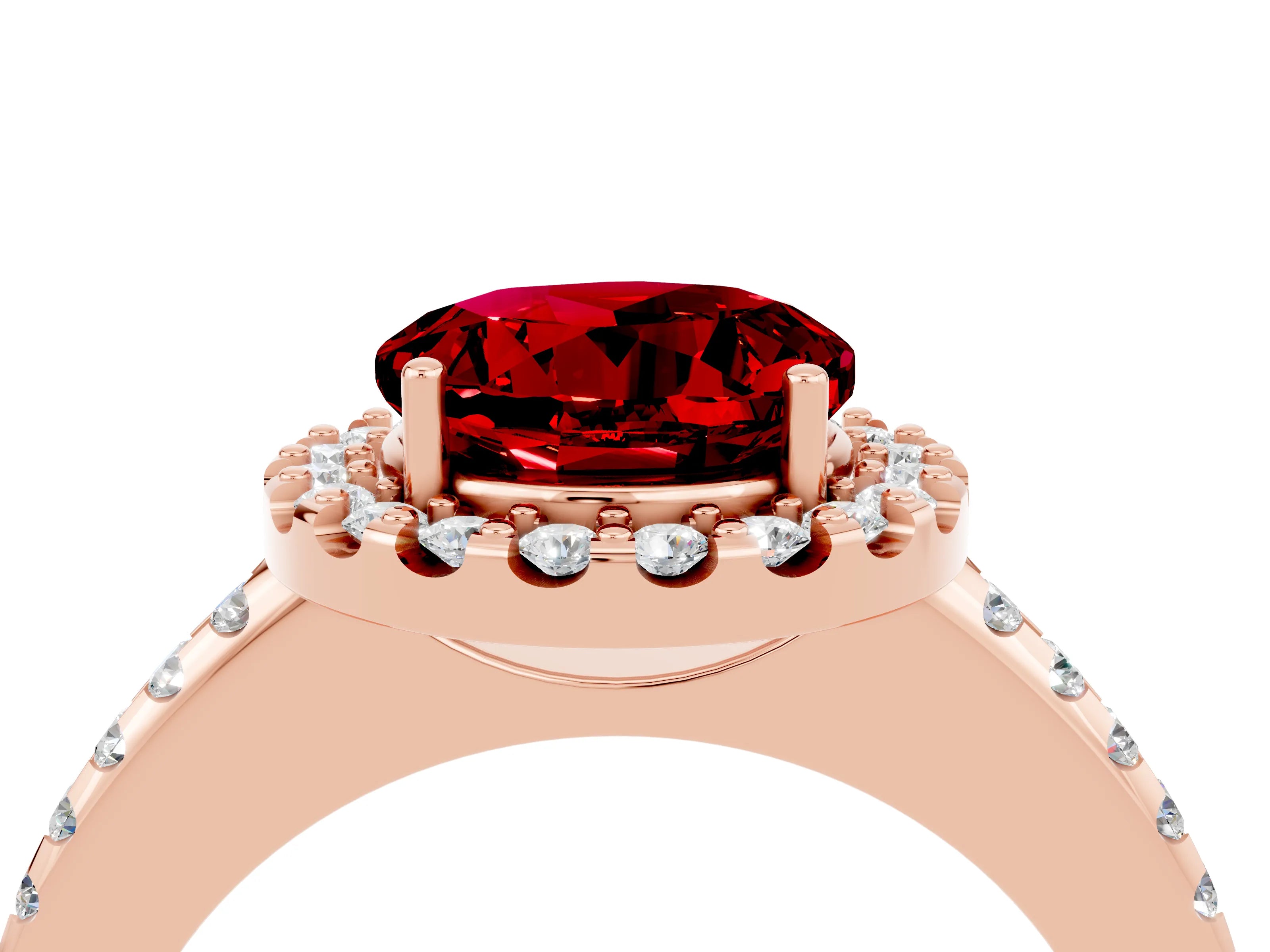 Rose gold Round Cut Ruby Pavé Halo Ring with Four-Prong Setting_16