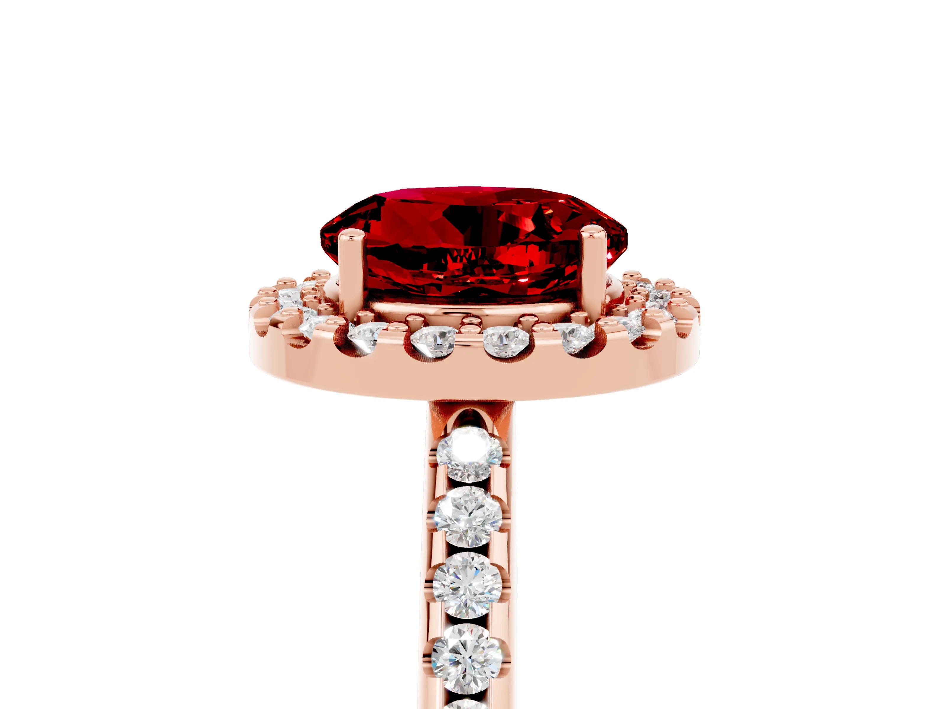 Rose gold Round Cut Ruby Pavé Halo Ring with Four-Prong Setting_17