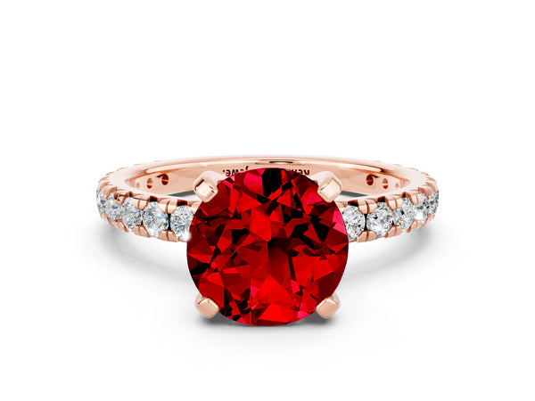 Rose gold Round Cut Ruby Pavé Solitaire Ring with Round Band and Prong Setting