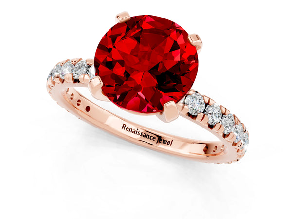 Rose gold Round Cut Ruby Pavé Solitaire Ring with Round Band and Prong Setting