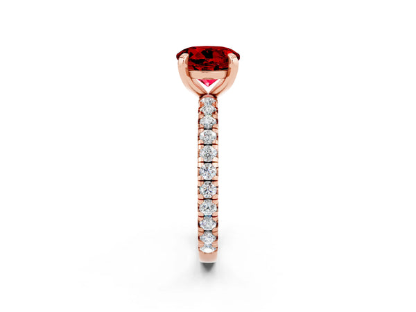 Rose gold Round Cut Ruby Pavé Solitaire Ring with Round Band and Prong Setting