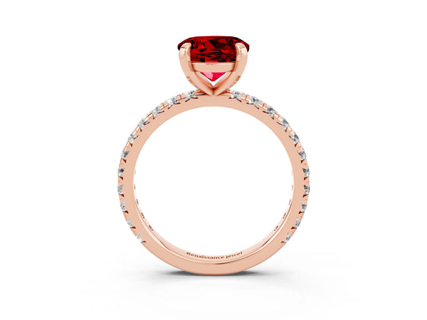 Rose gold Round Cut Ruby Pavé Solitaire Ring with Round Band and Prong Setting