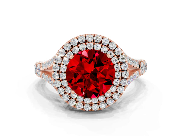 Rose gold Round Cut Ruby Pavé Split Shank Double Halo Engagement Ring