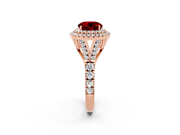 Rose gold Round Cut Ruby Pavé Split Shank Double Halo Engagement Ring