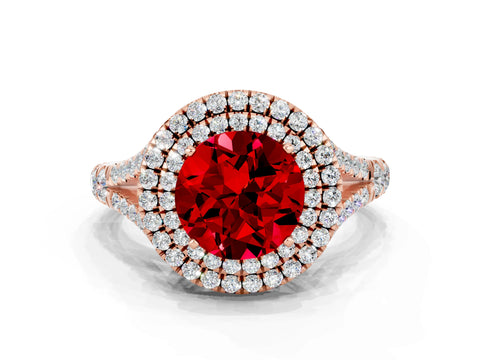 Rose gold Round Cut Ruby Pavé Split Shank Double Halo Engagement Ring