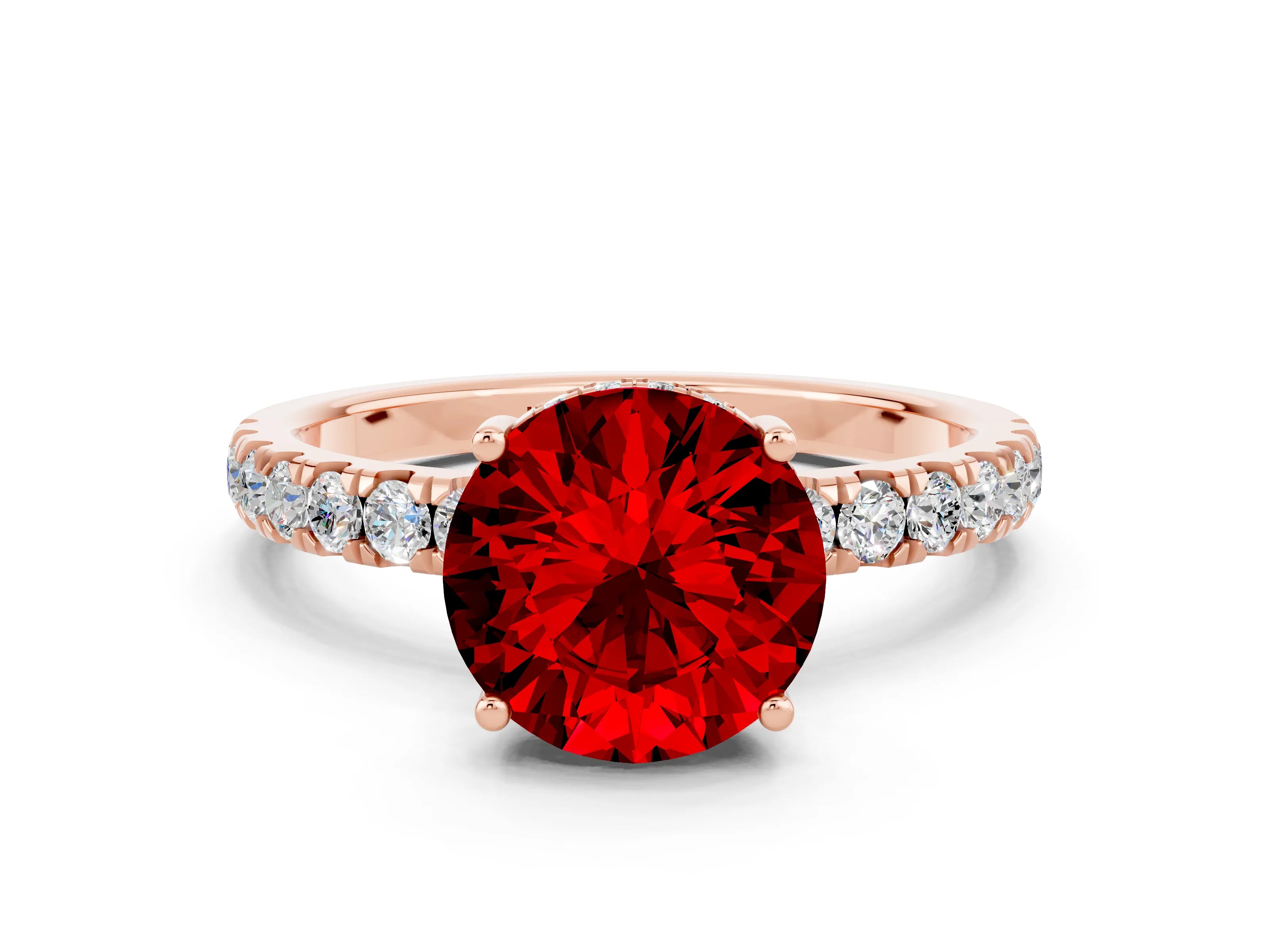 Rose gold Round Cut Ruby Pave Band Solitaire Ring with Four-Prong Setting_24