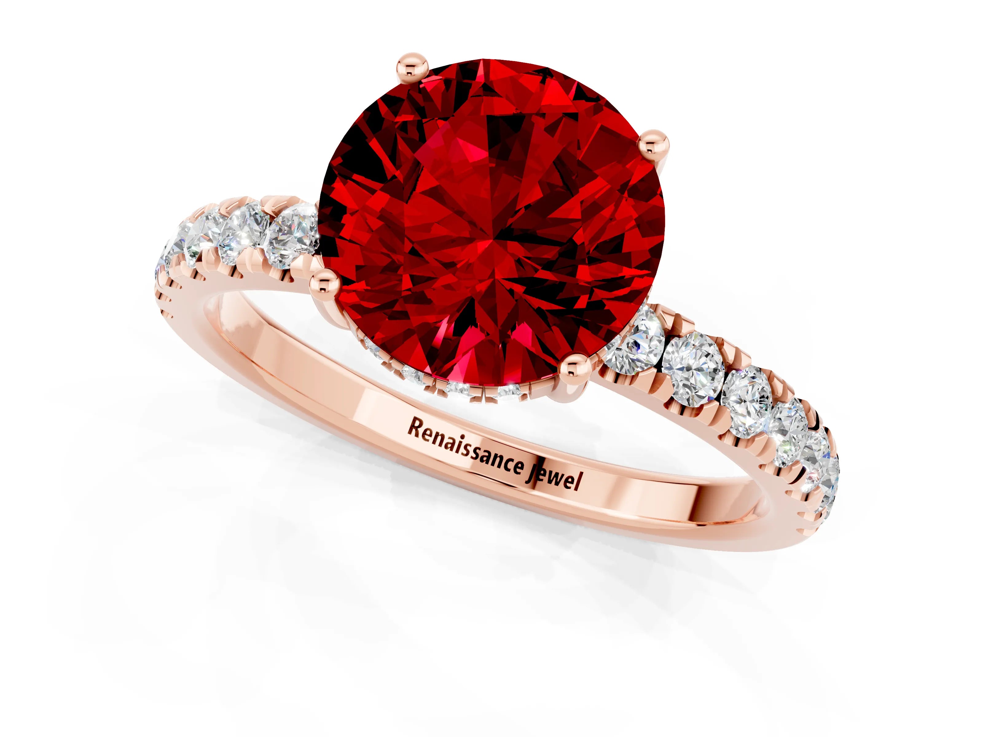 Rose gold Round Cut Ruby Pave Band Solitaire Ring with Four-Prong Setting_25