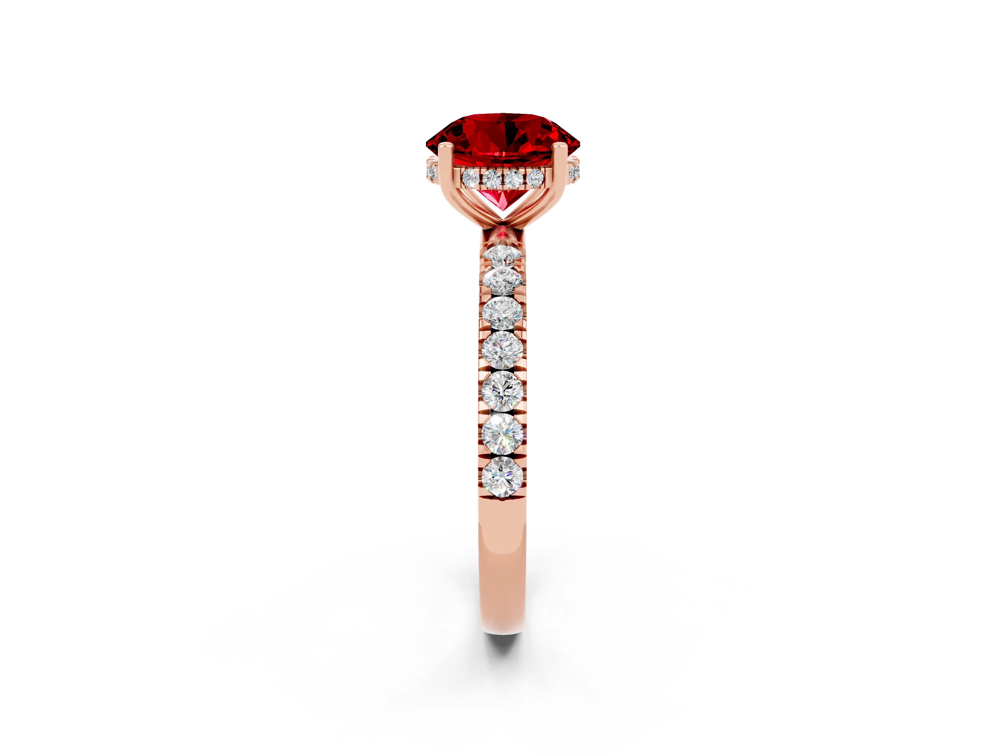 Rose gold Round Cut Ruby Pave Band Solitaire Ring with Four-Prong Setting_26