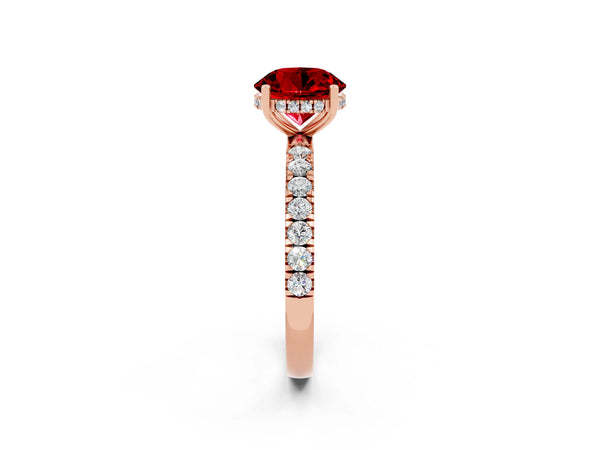 Rose gold Round Cut Ruby Pave Band Solitaire Ring with Round  and Prong Setting