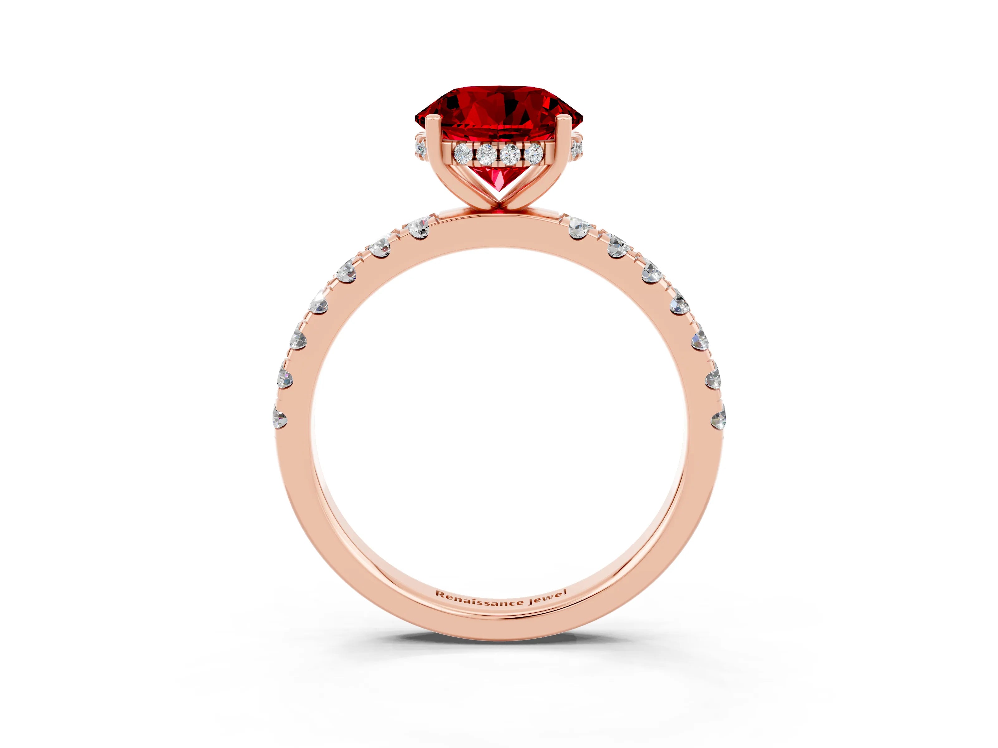Rose gold Round Cut Ruby Pave Band Solitaire Ring with Four-Prong Setting_27