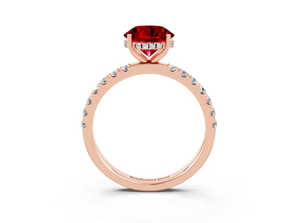 Rose gold Round Cut Ruby Pave Band Solitaire Ring with Round  and Prong Setting