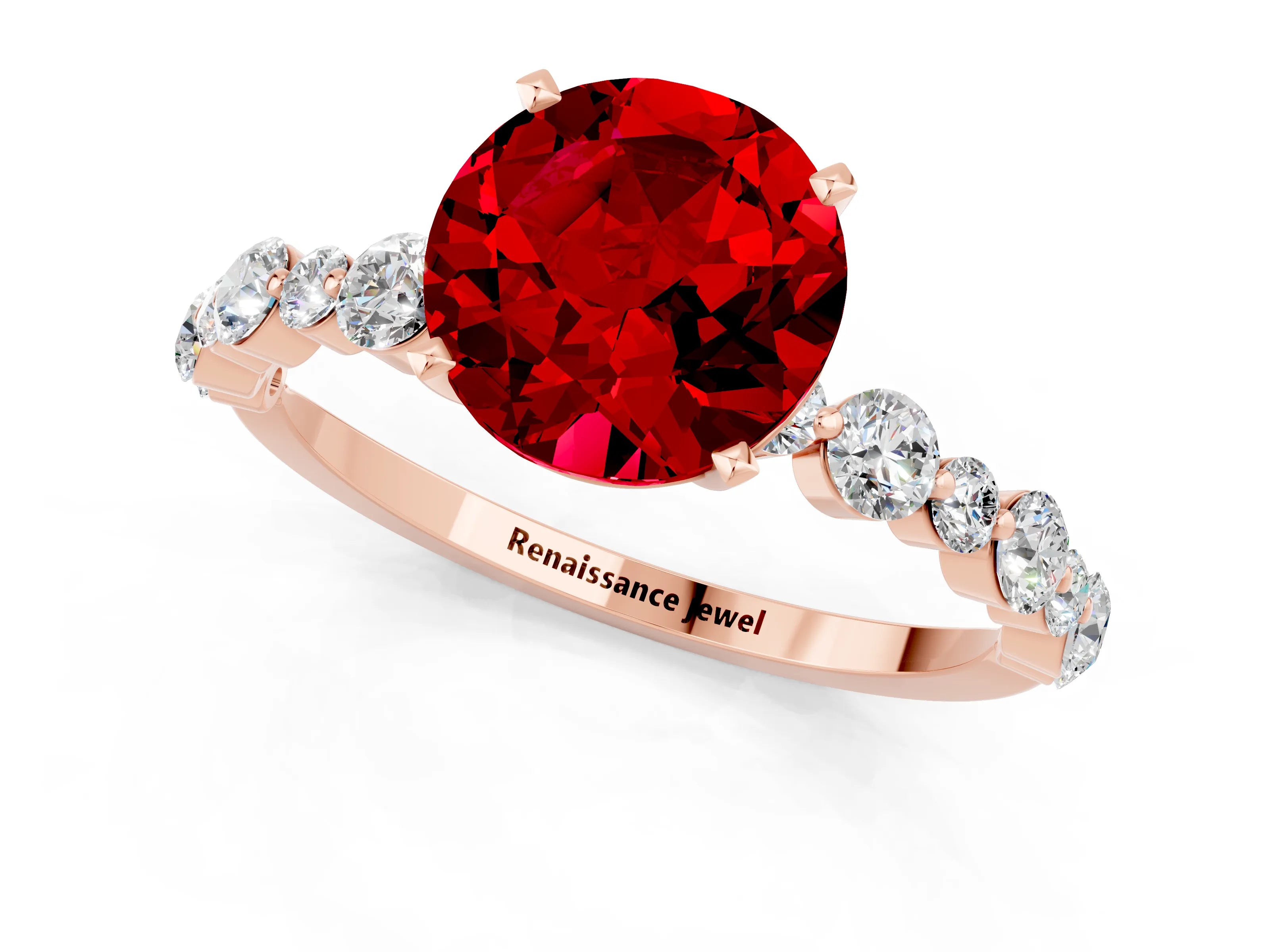 Rose gold Round Cut Ruby Prong Set Engagement Ring with Pavé Band_1