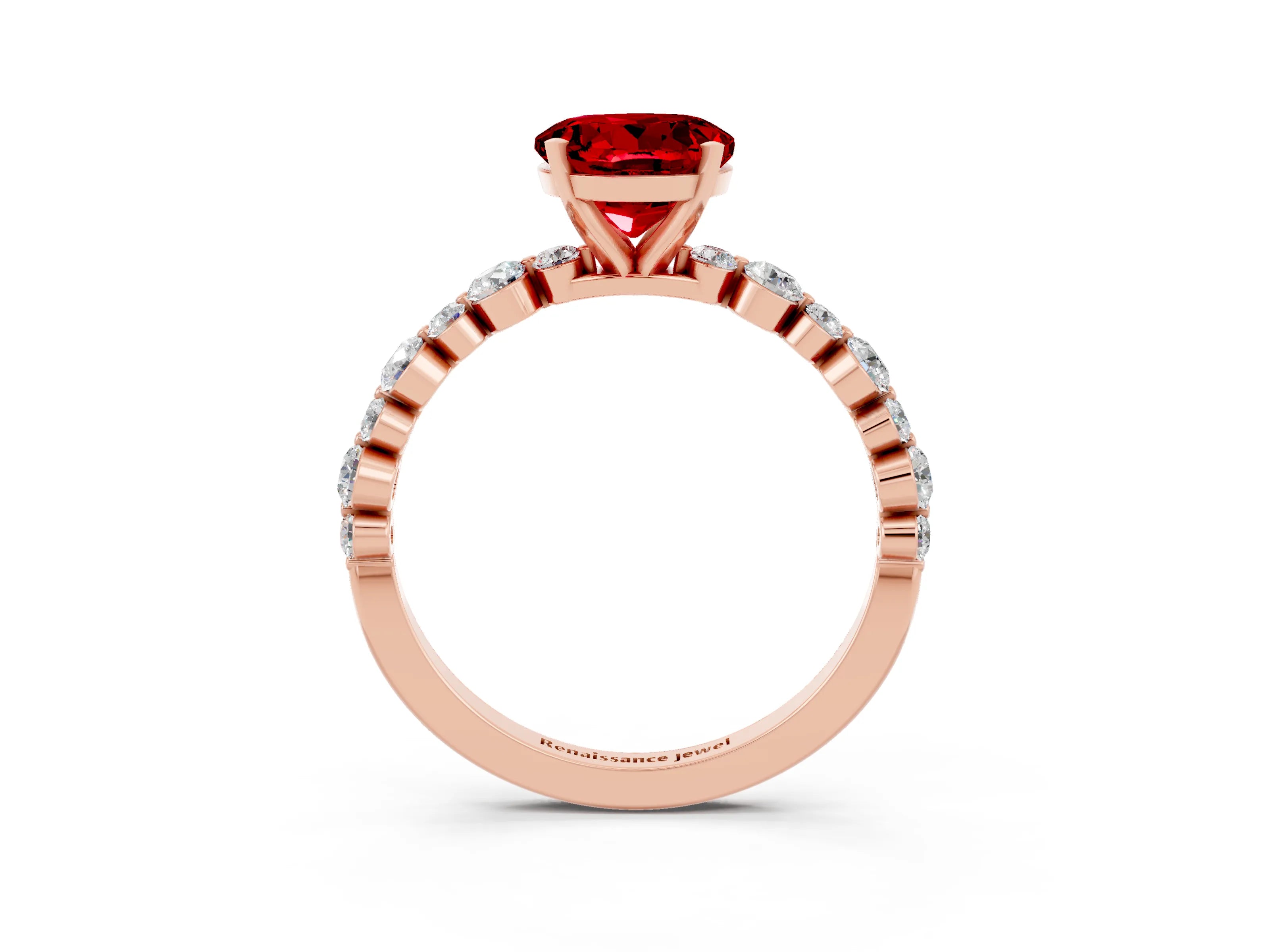 Rose gold Round Cut Ruby Prong Set Engagement Ring with Pavé Band_3