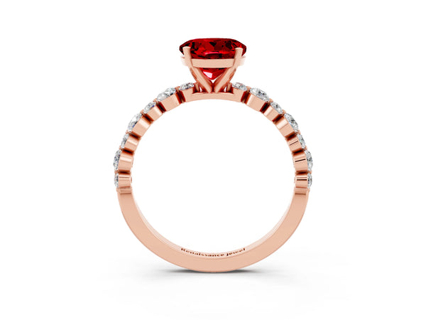 Rose gold Round Cut Ruby Prong Set Engagement Ring with Pavé Band