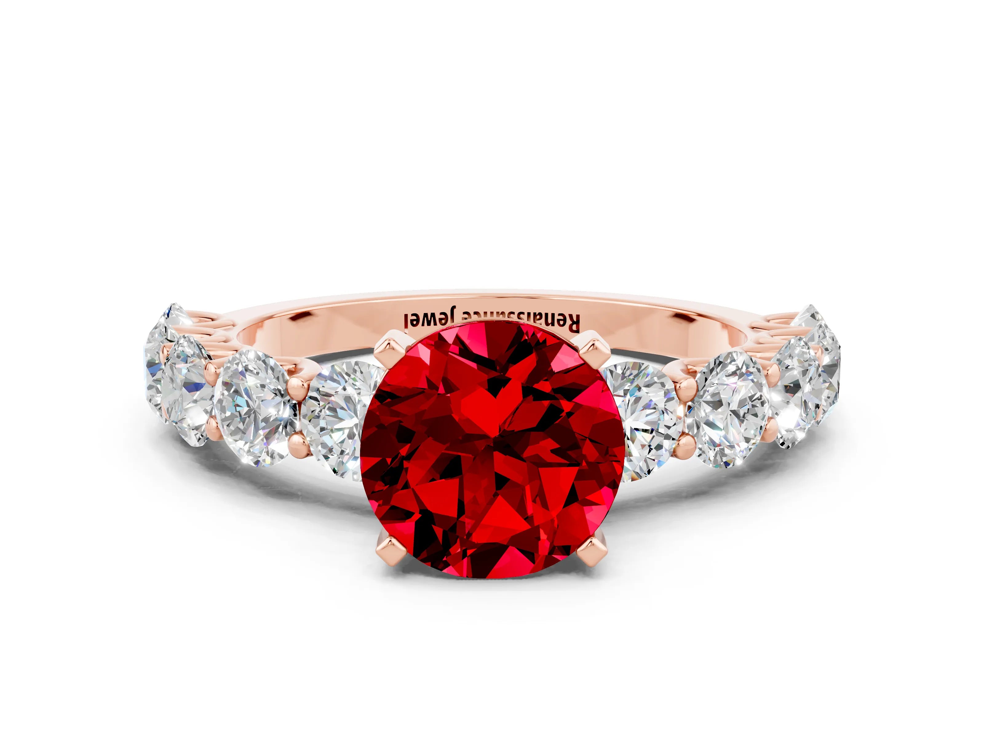 Rose gold Round Cut Ruby Prong Setting with Side Stones on a Pave Band
