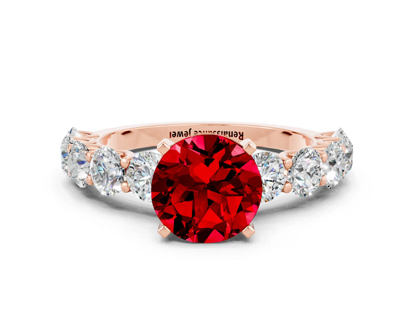 Rose gold Round Cut Ruby Prong Setting with Side Stones on a Pave Band