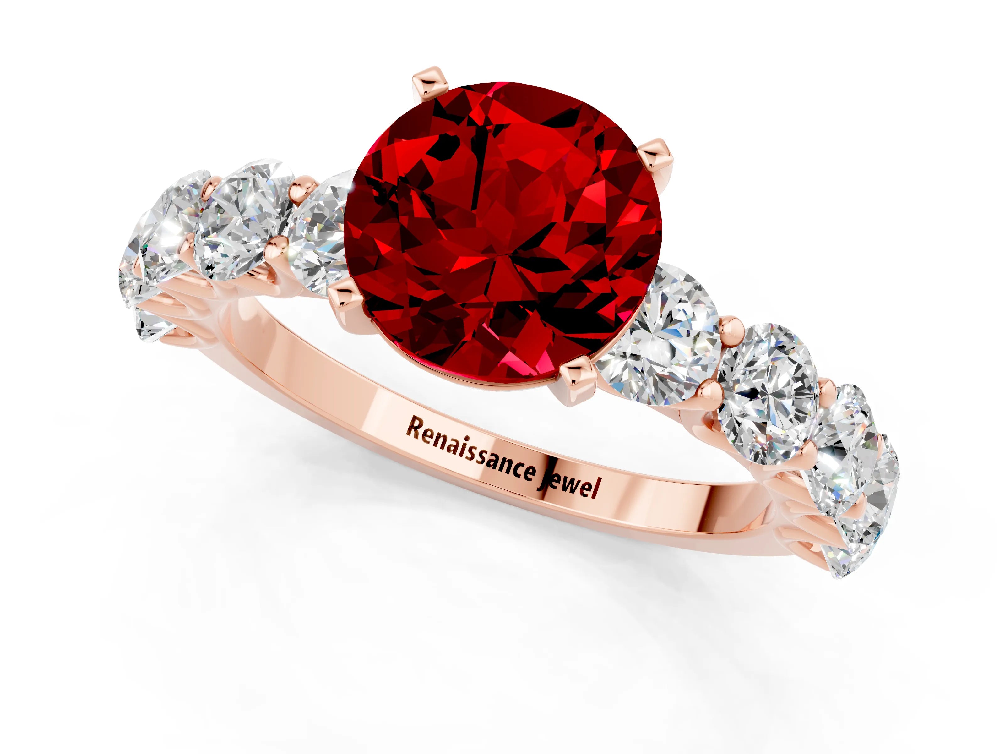 Rose gold Round Cut Ruby Prong Setting with Side Stones on a Pave Band_1