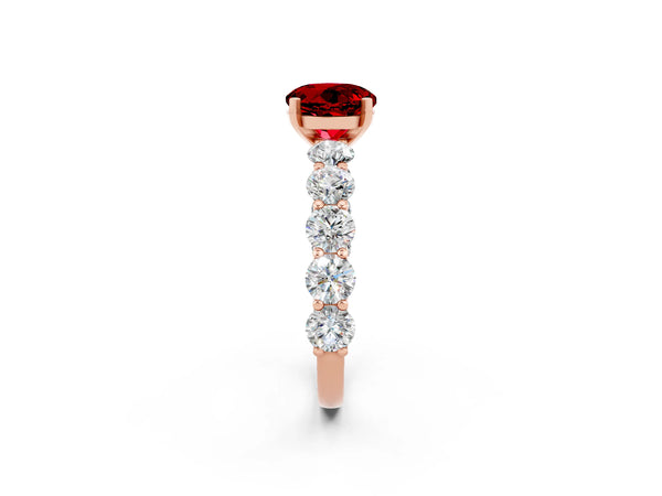 Rose gold Round Cut Ruby Prong Setting with Side Stones on a Pave Band