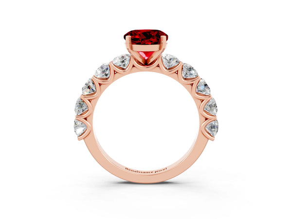 Rose gold Round Cut Ruby Prong Setting with Side Stones on a Pave Band