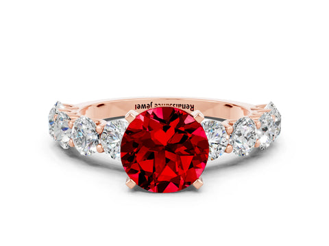 Rose gold Round Cut Ruby Prong Setting with Side Stones on a Pave Band