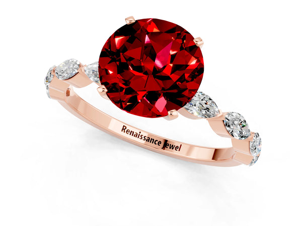 Rose gold Round Cut Ruby Ring with Marquise Side Stones and Prong Setting