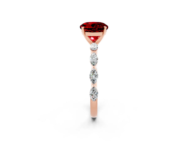 Rose gold Round Cut Ruby Ring with Marquise Side Stones and Prong Setting