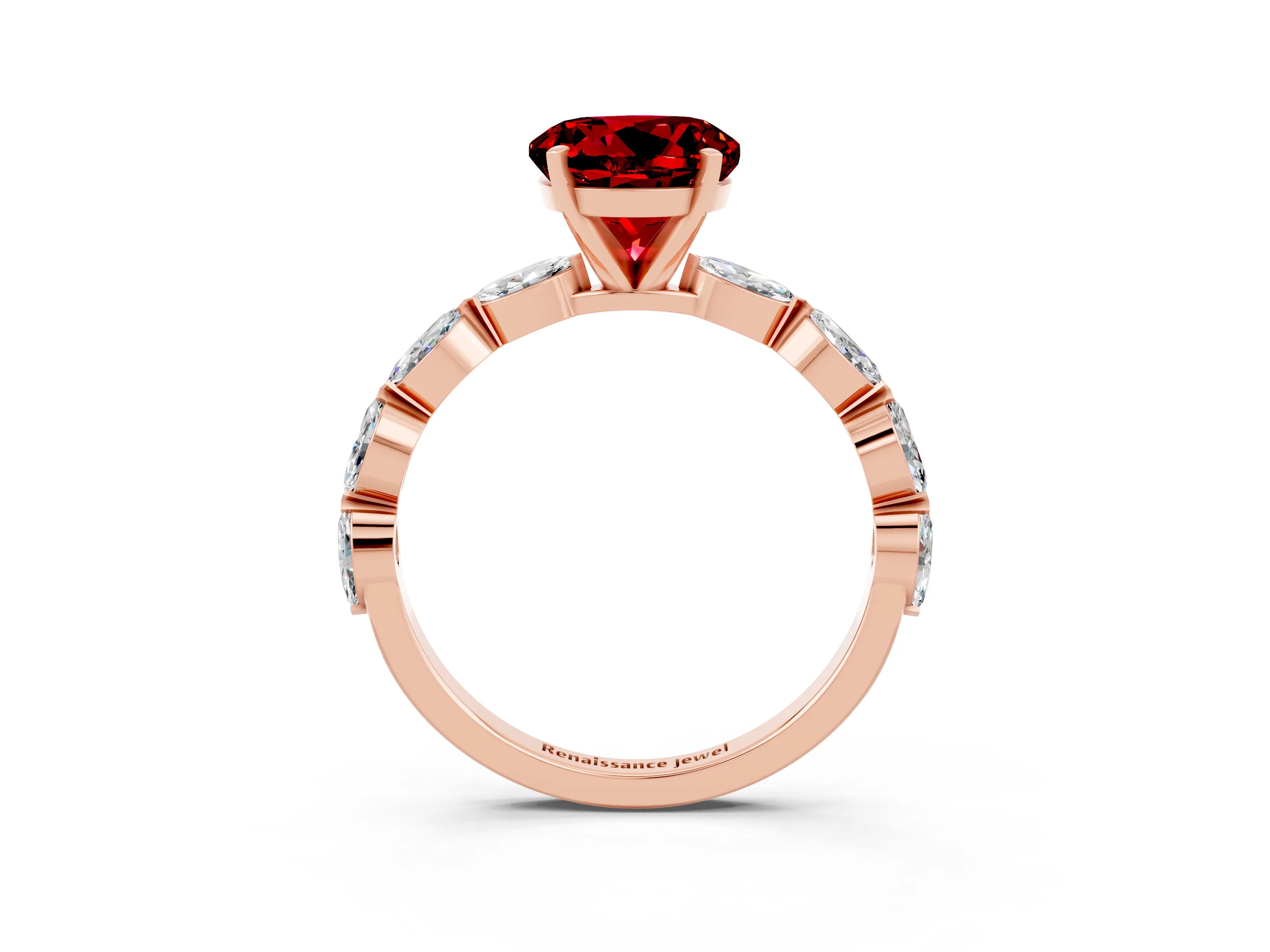Rose gold Round Cut Ruby Ring with Marquise Side Stones and Prong Setting_3