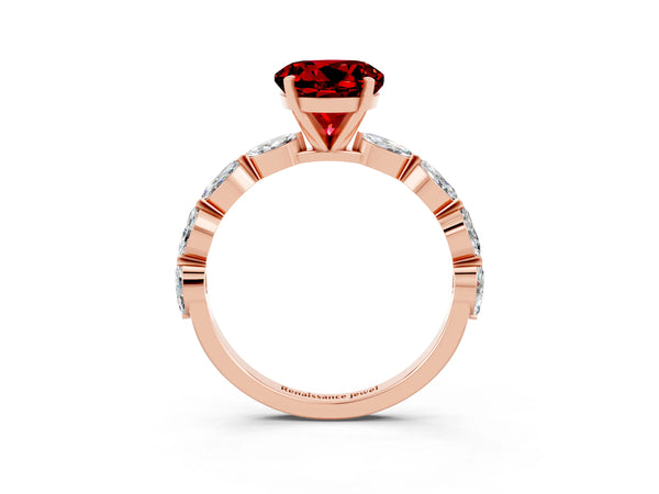 Rose gold Round Cut Ruby Ring with Marquise Side Stones and Prong Setting
