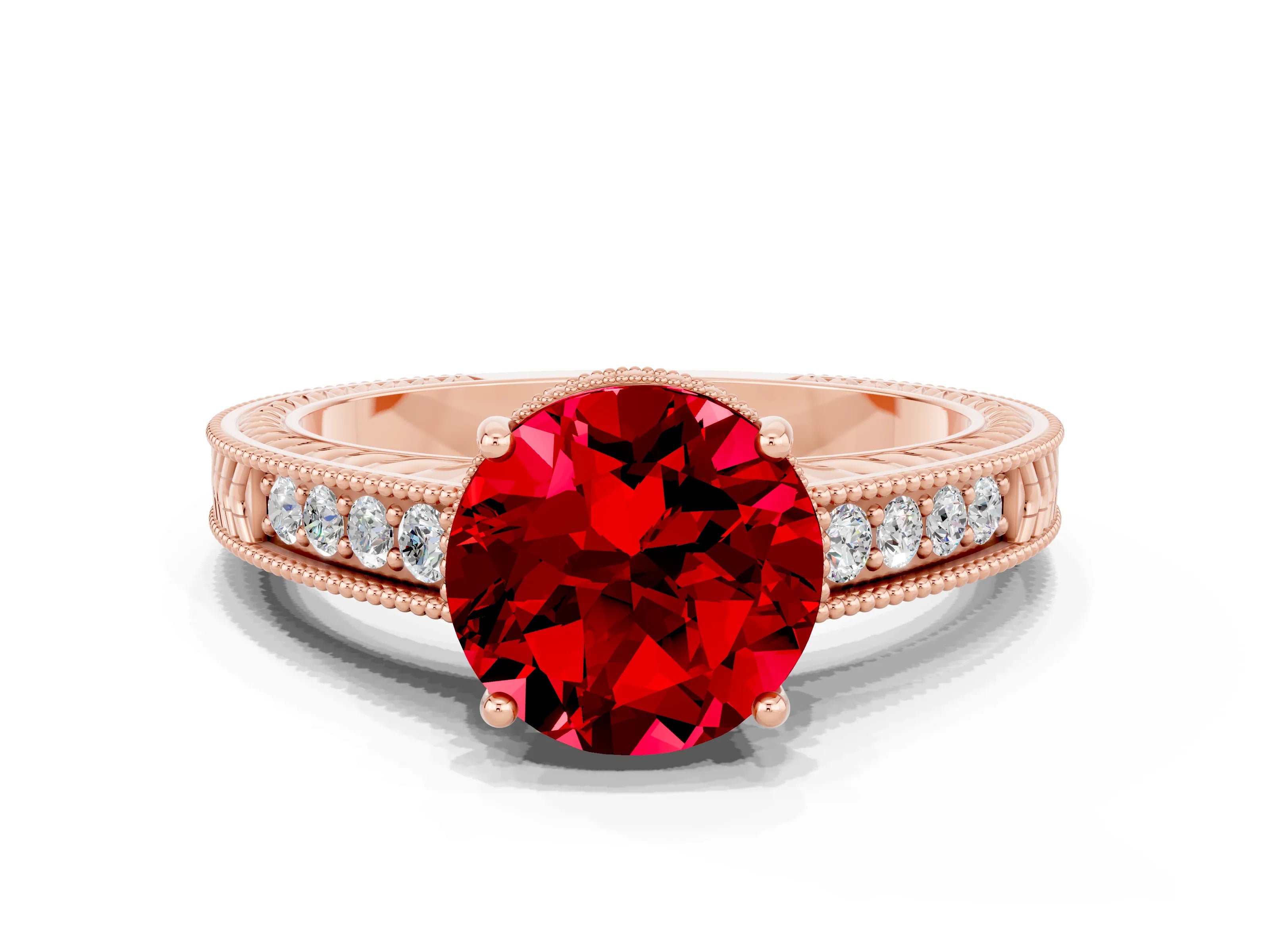 Rose gold Round Cut Ruby Ring with Milgrain Pavé Band and Four-Prong Setting_12