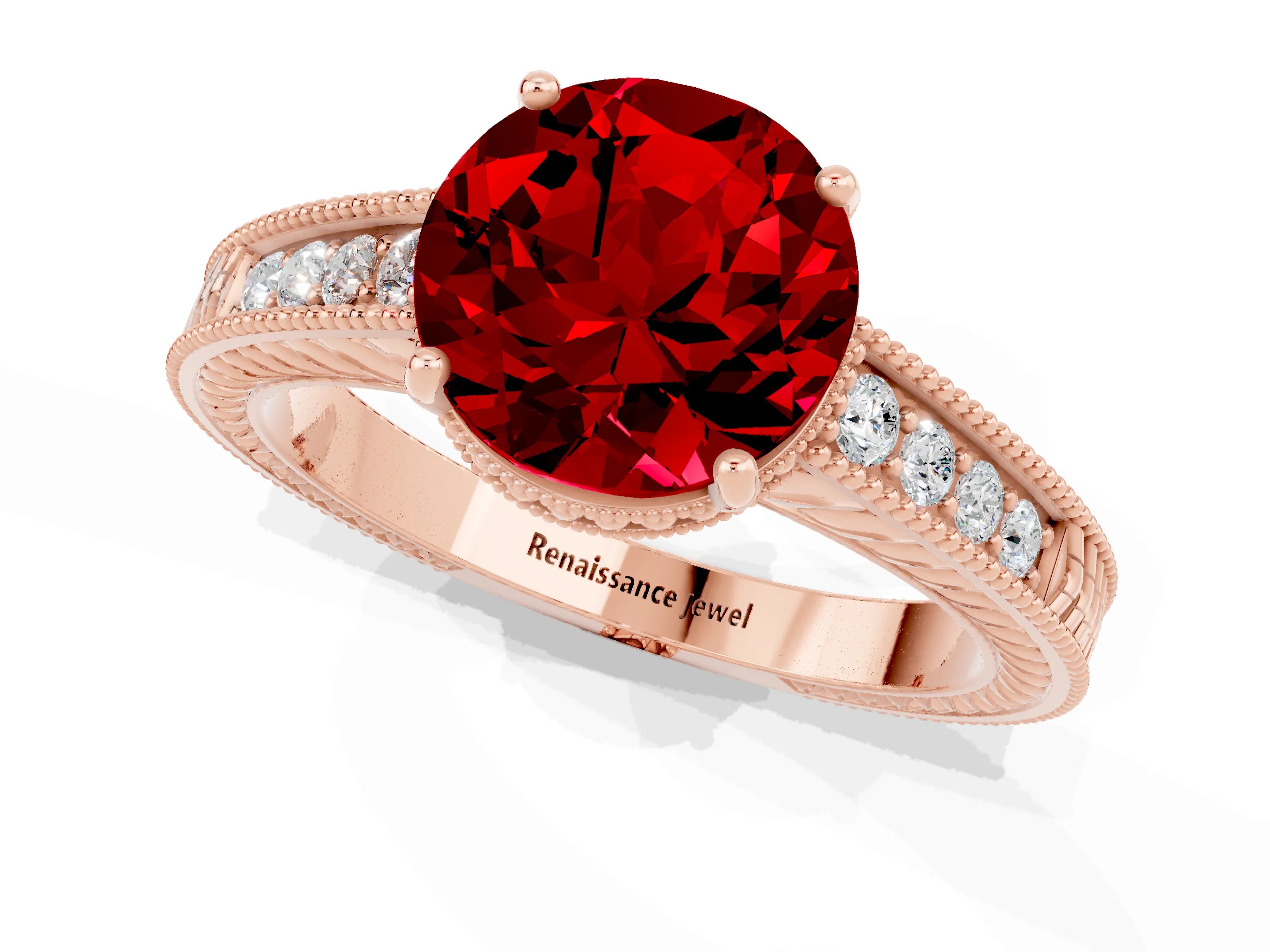 Rose gold Round Cut Ruby Ring with Milgrain Pavé Band and Four-Prong Setting_13