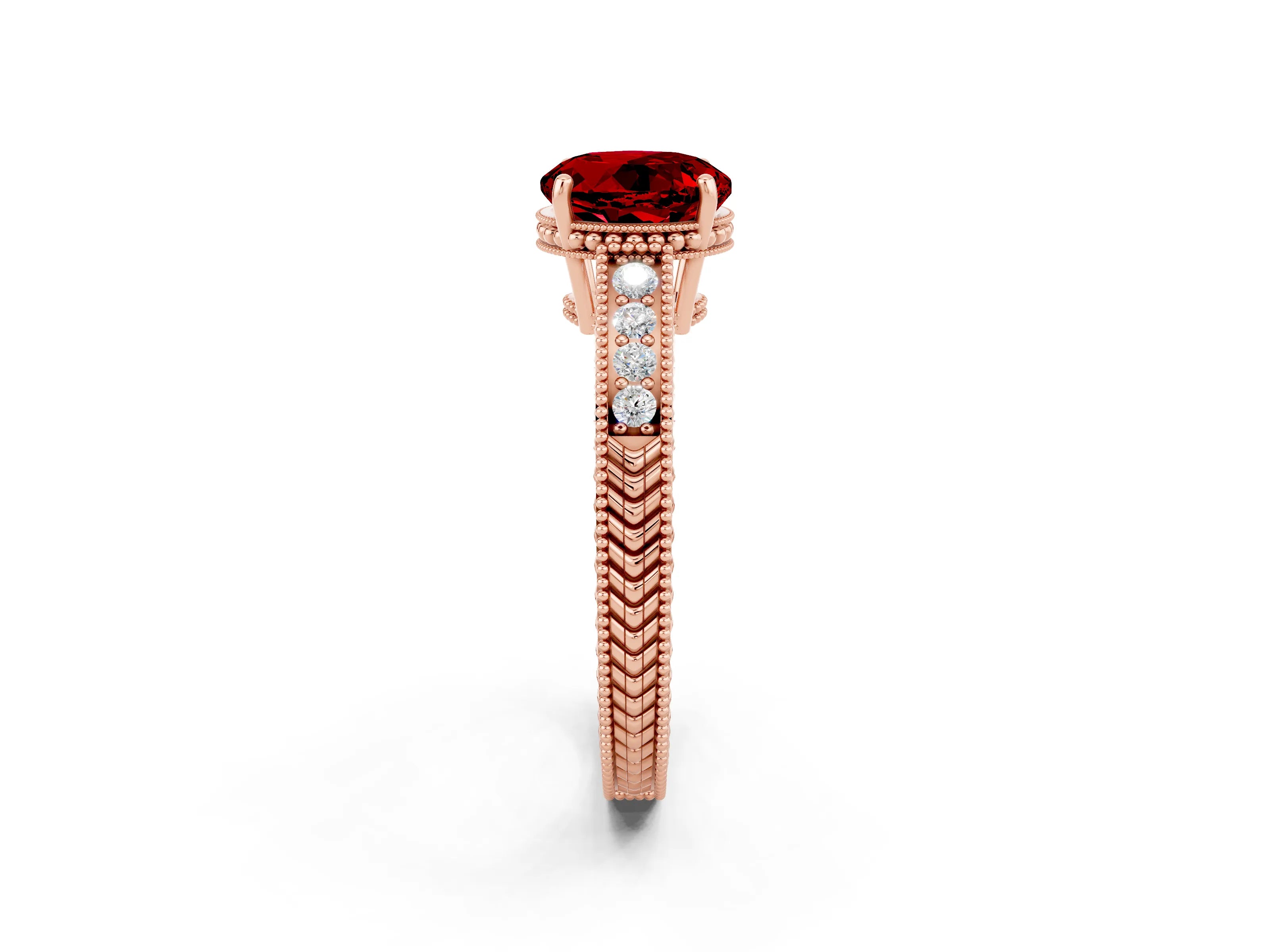 Rose gold Round Cut Ruby Ring with Milgrain Pavé Band and Four-Prong Setting_14
