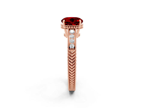 Rose gold Round Cut Ruby Ring with Milgrain Pavé Band and Four-Prong Setting_14