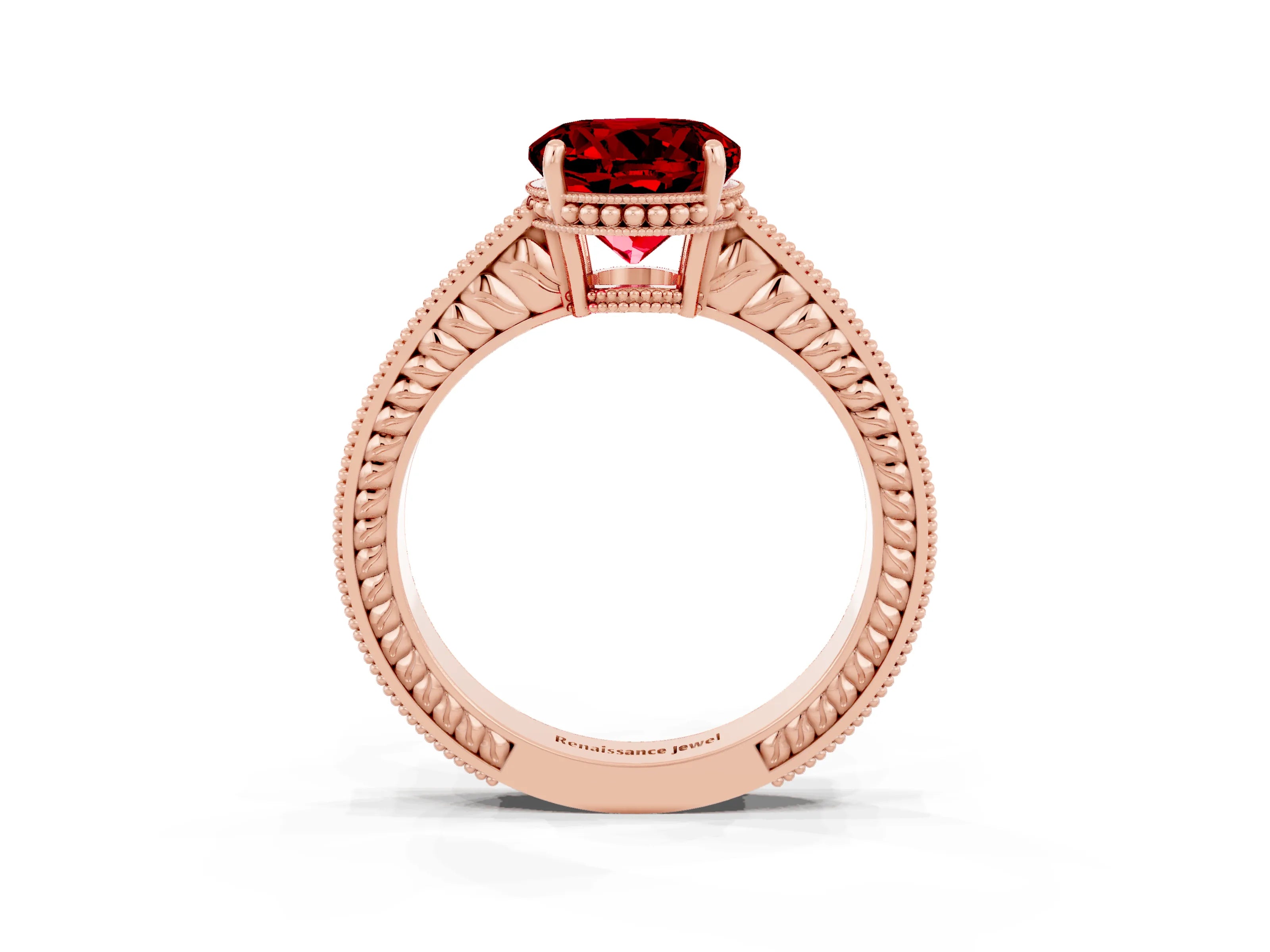Rose gold Round Cut Ruby Ring with Milgrain Pavé Band and Four-Prong Setting_15