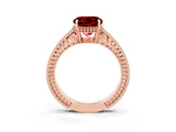 Rose gold Round Cut Ruby Ring with Milgrain Pavé Band and Four-Prong Setting_15
