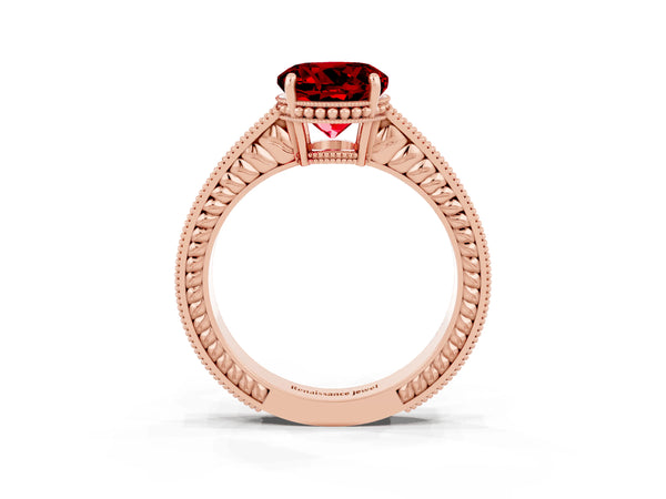 Rose gold Round Cut Ruby Ring with Milgrain Pavé Band and Four-Prong Setting