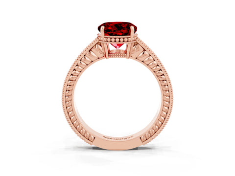 Rose gold Round Cut Ruby Ring with Milgrain Pavé Band and Four-Prong Setting_15