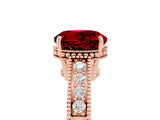 Rose gold Round Cut Ruby Ring with Milgrain Pavé Band and Four-Prong Setting_17