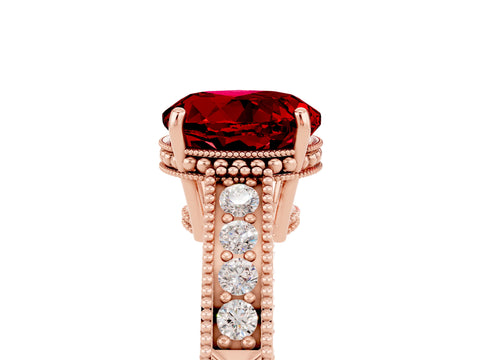 Rose gold Round Cut Ruby Ring with Milgrain Pavé Band and Four-Prong Setting_17