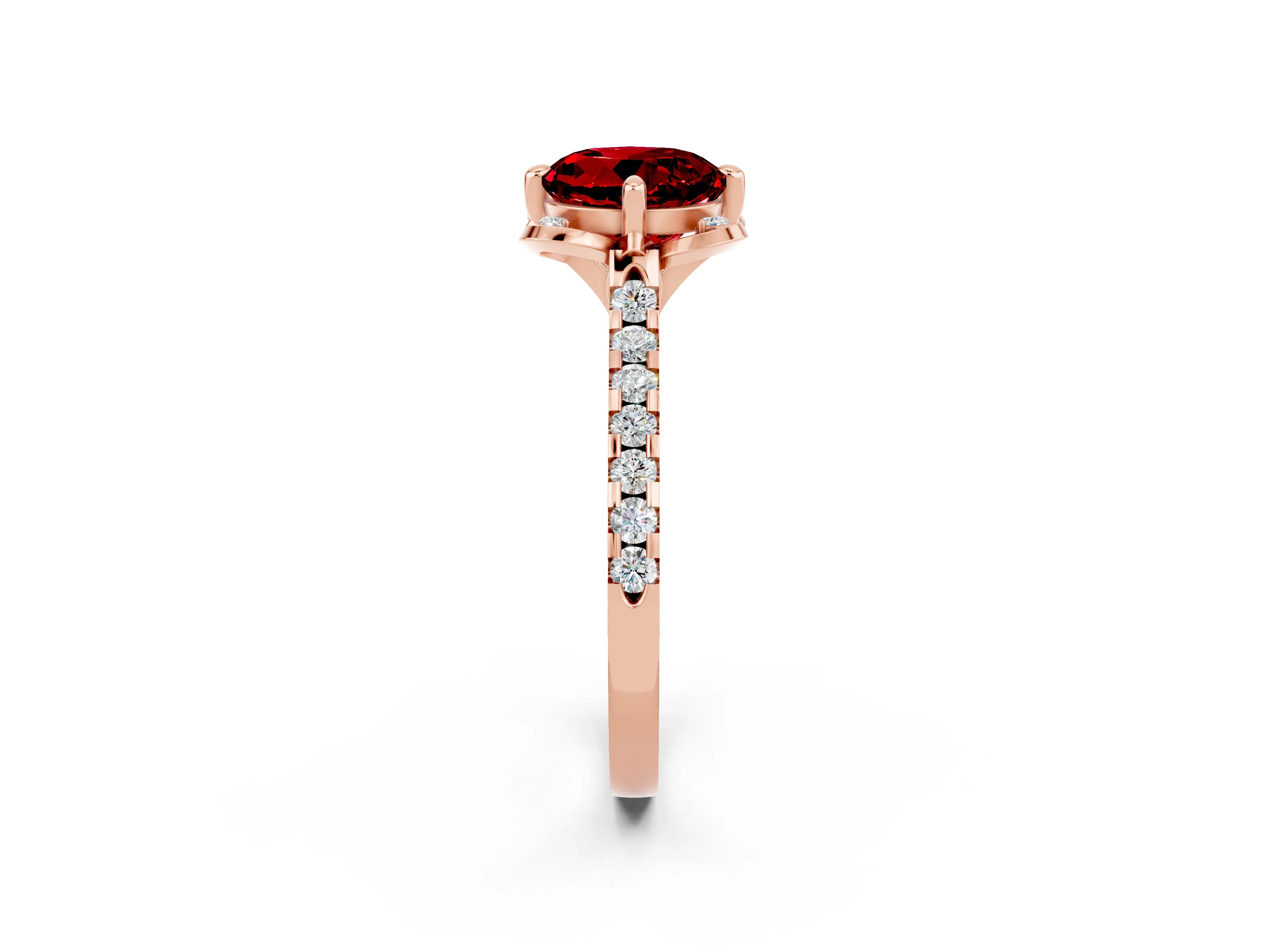 Rose gold Round Cut Ruby Ring with Pavé Band and Floral Prong Setting_2