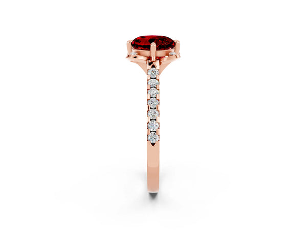 Rose gold Round Cut Ruby Ring with Pavé Band and Floral Prong Setting