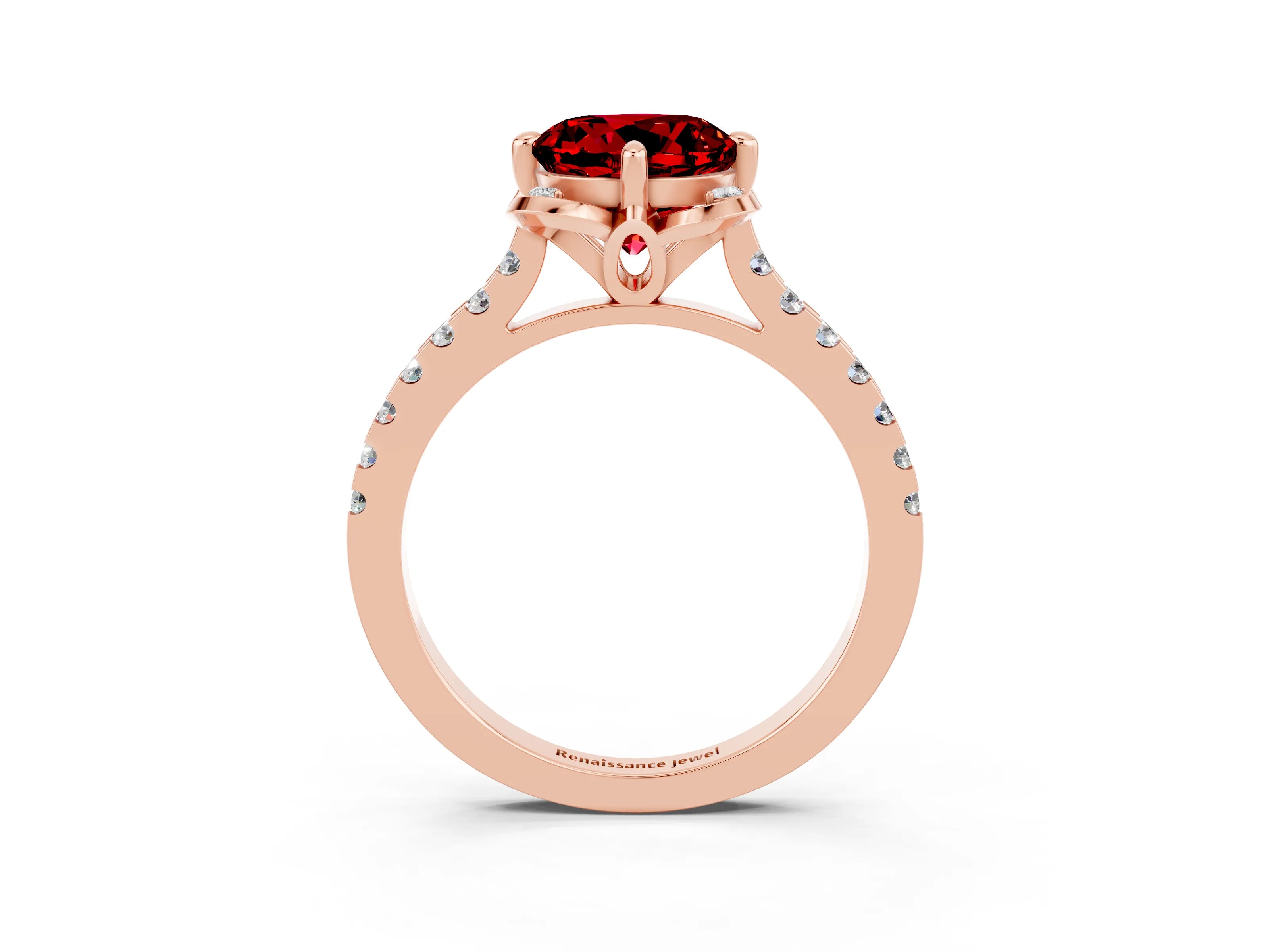 Rose gold Round Cut Ruby Ring with Pavé Band and Floral Prong Setting_3