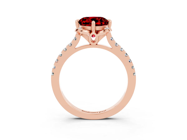 Rose gold Round Cut Ruby Ring with Pavé Band and Floral Prong Setting