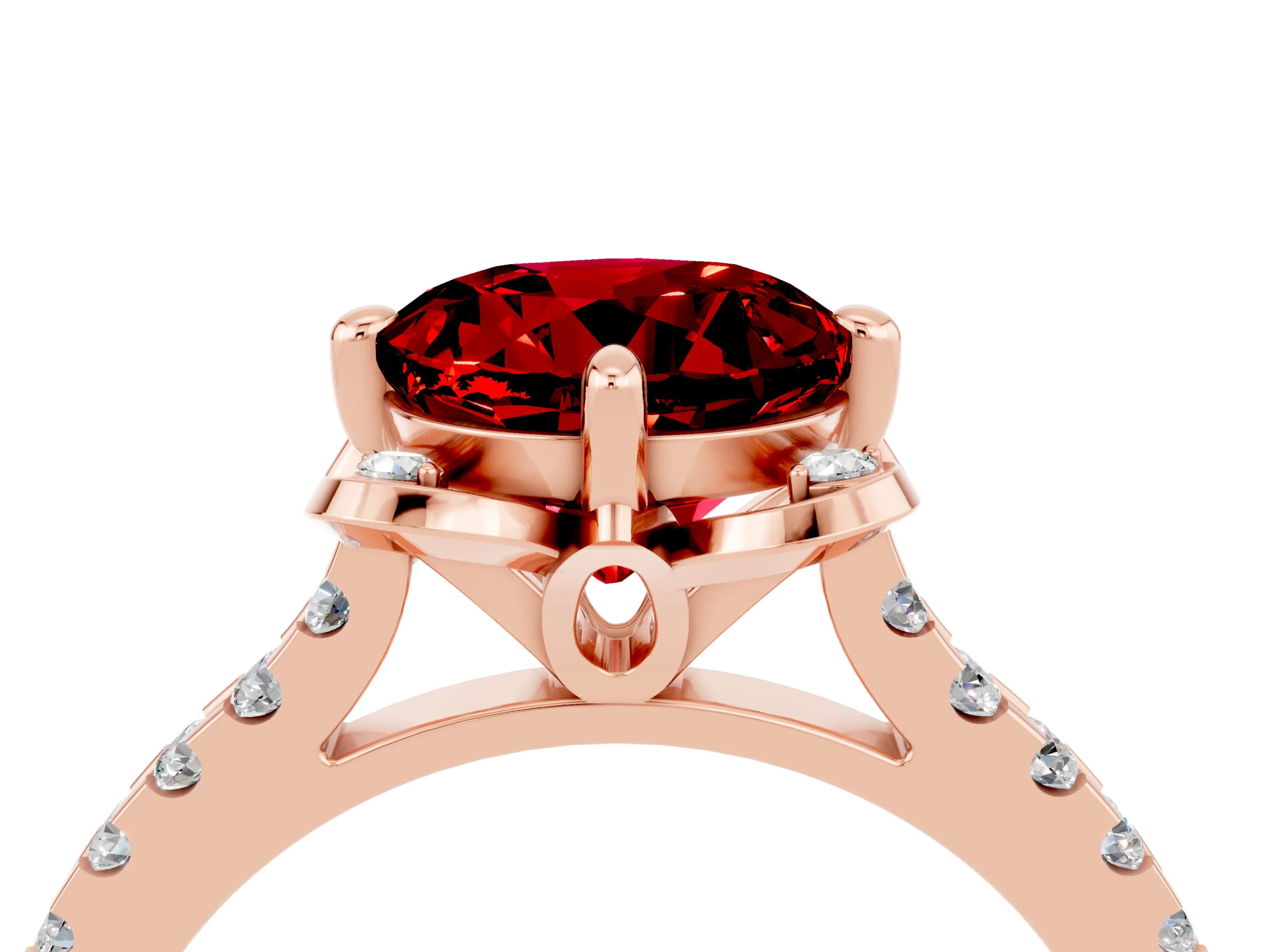 Rose gold Round Cut Ruby Ring with Pavé Band and Floral Prong Setting_4