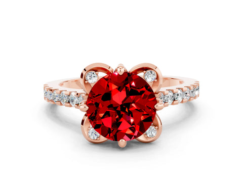 Rose gold Round Cut Ruby Ring with Pavé Band and Floral Prong Setting