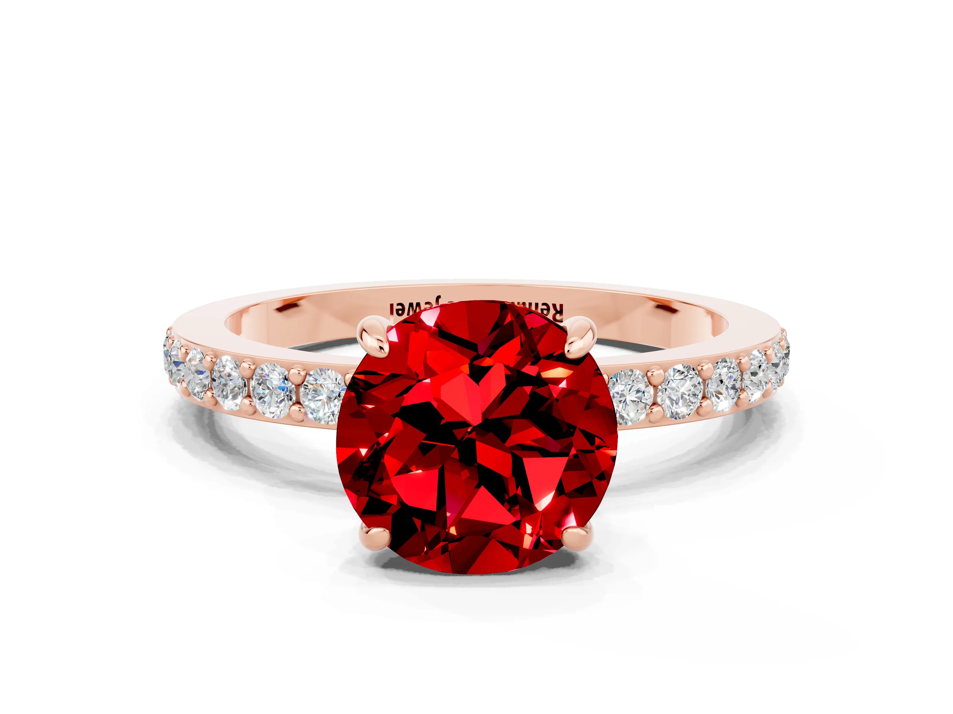 Rose gold Round Cut Ruby Ring with Pavé Band and Four-Prong Setting